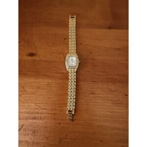 Nolan Miller Glamour Collection Crystal Gold Tone Bracelet Watch Mother Of Pearl